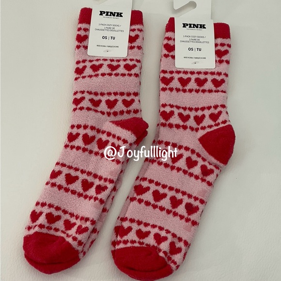 New VS PINK Heart Print 1-PACK Valentines CREW SOCKS Set of 2 - Picture 3 of 5